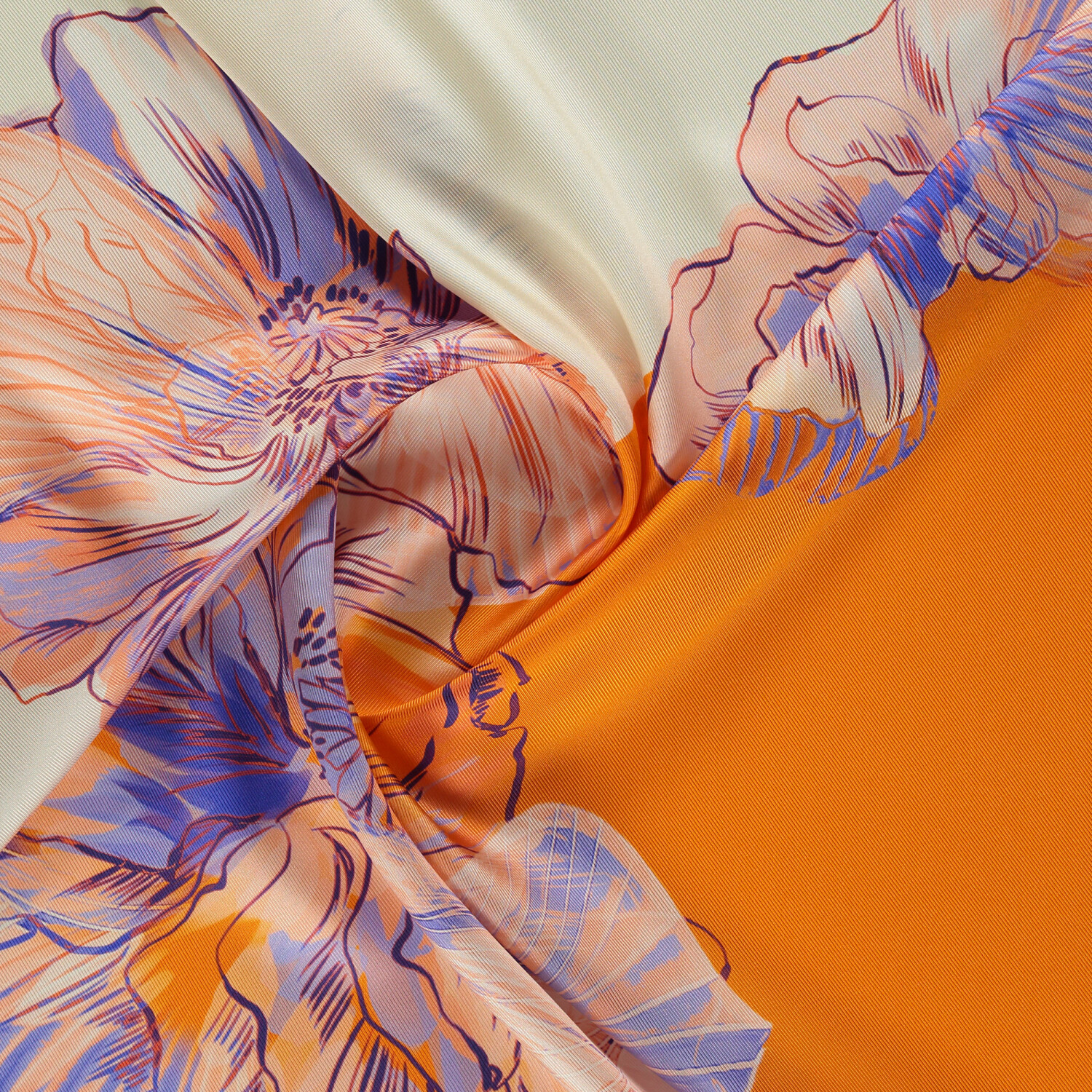 Orange Linea Fiora Pattern Twill Silk Square Scarf - 2