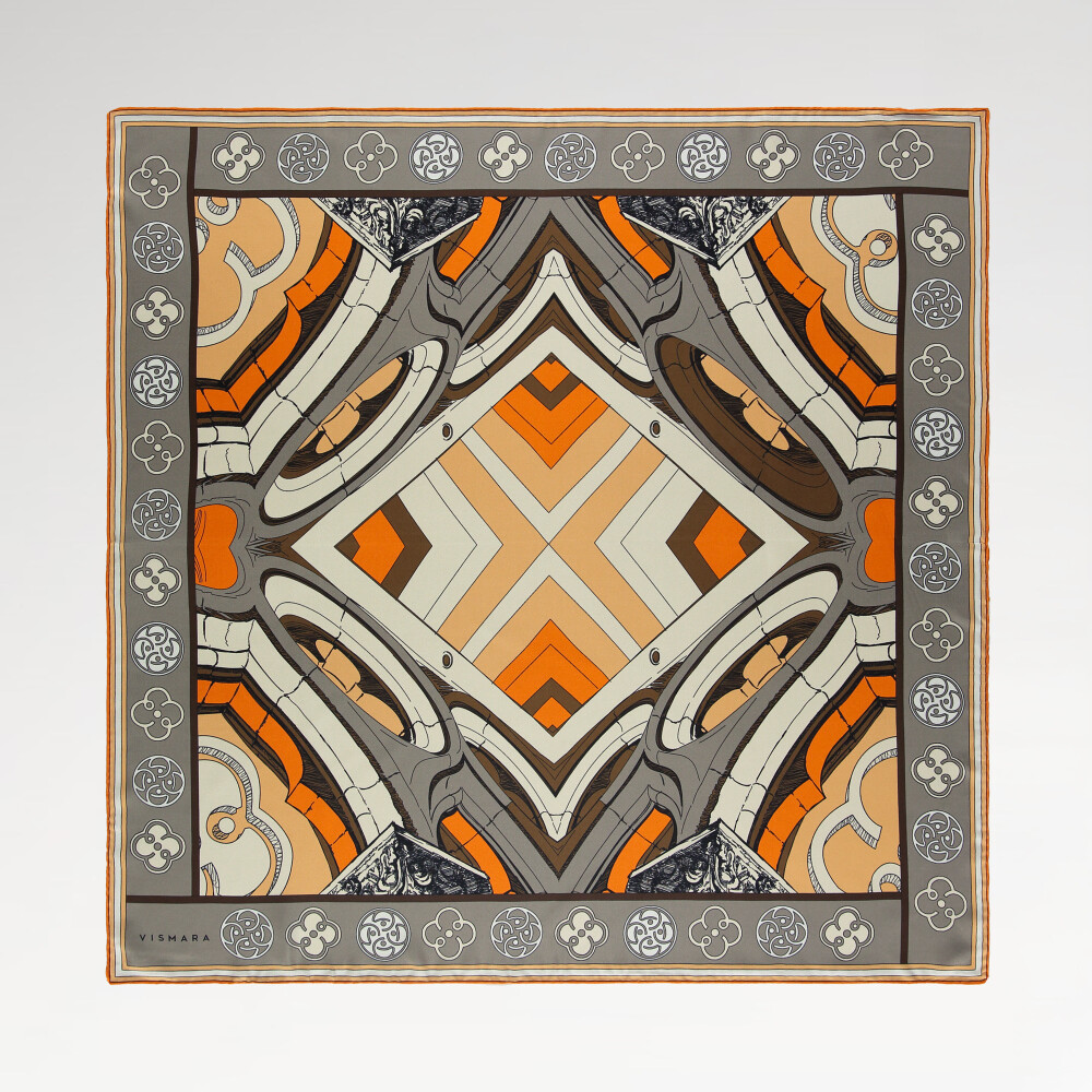 Orange Linear Columns Patterned Twill Silk Square Scarf