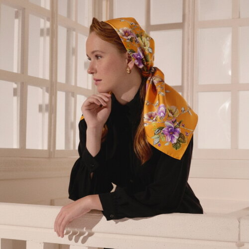 Orange Magnolia Flower Patterned Twill Silk Square Scarf - Vismara