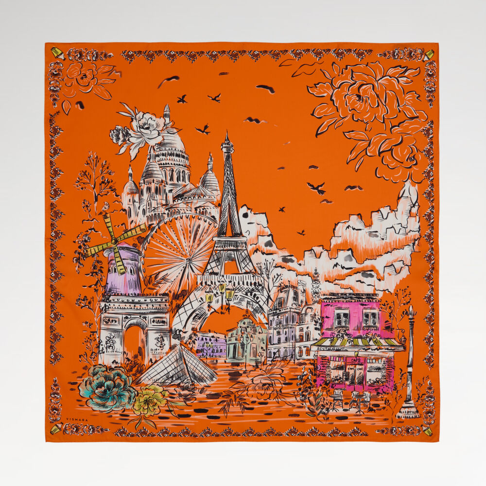 Orange Parisien Patterned Twill Silk Square Scarf