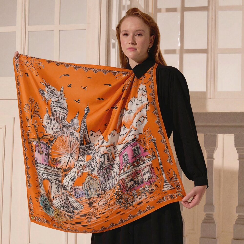 Orange Parisien Patterned Twill Silk Square Scarf - 3