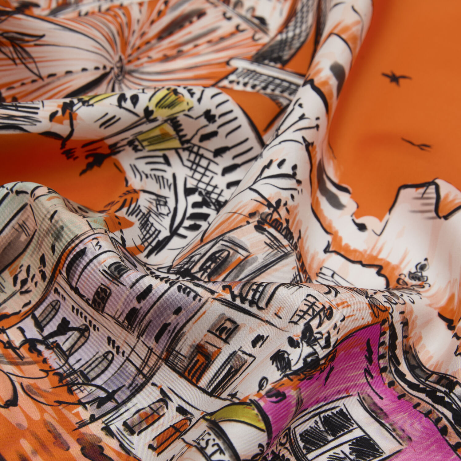 Orange Parisien Patterned Twill Silk Square Scarf - 2