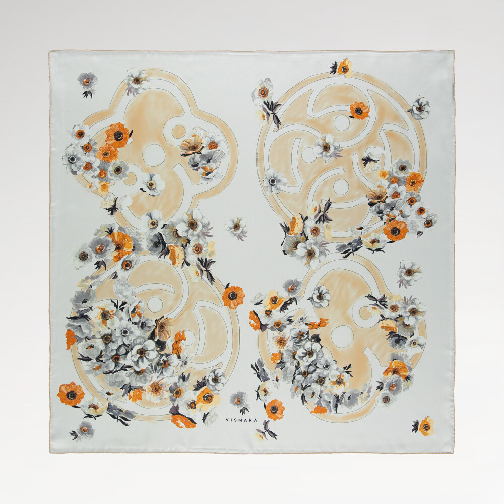 Orange Primavera Pattern Twill Silk Square Scarf