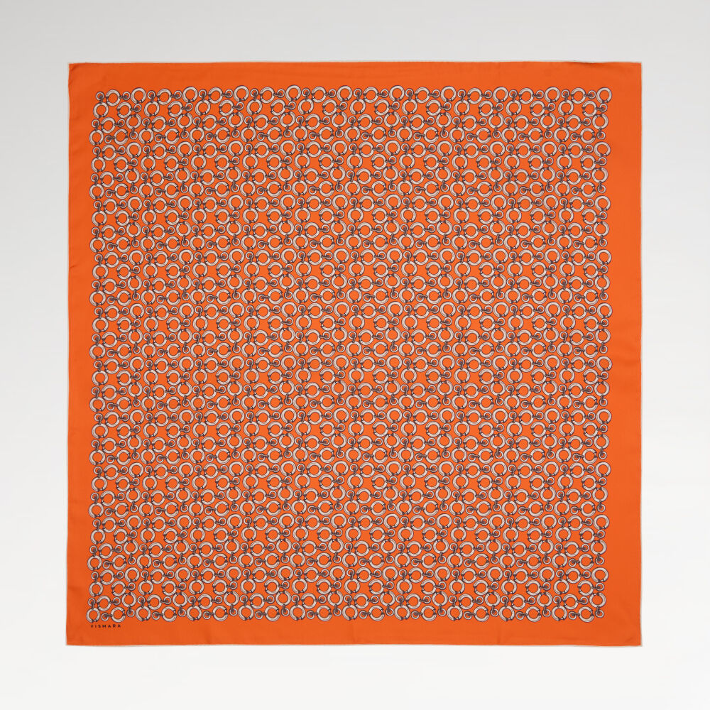 Orange Ring Chain Pattern Twill Silk Square Scarf