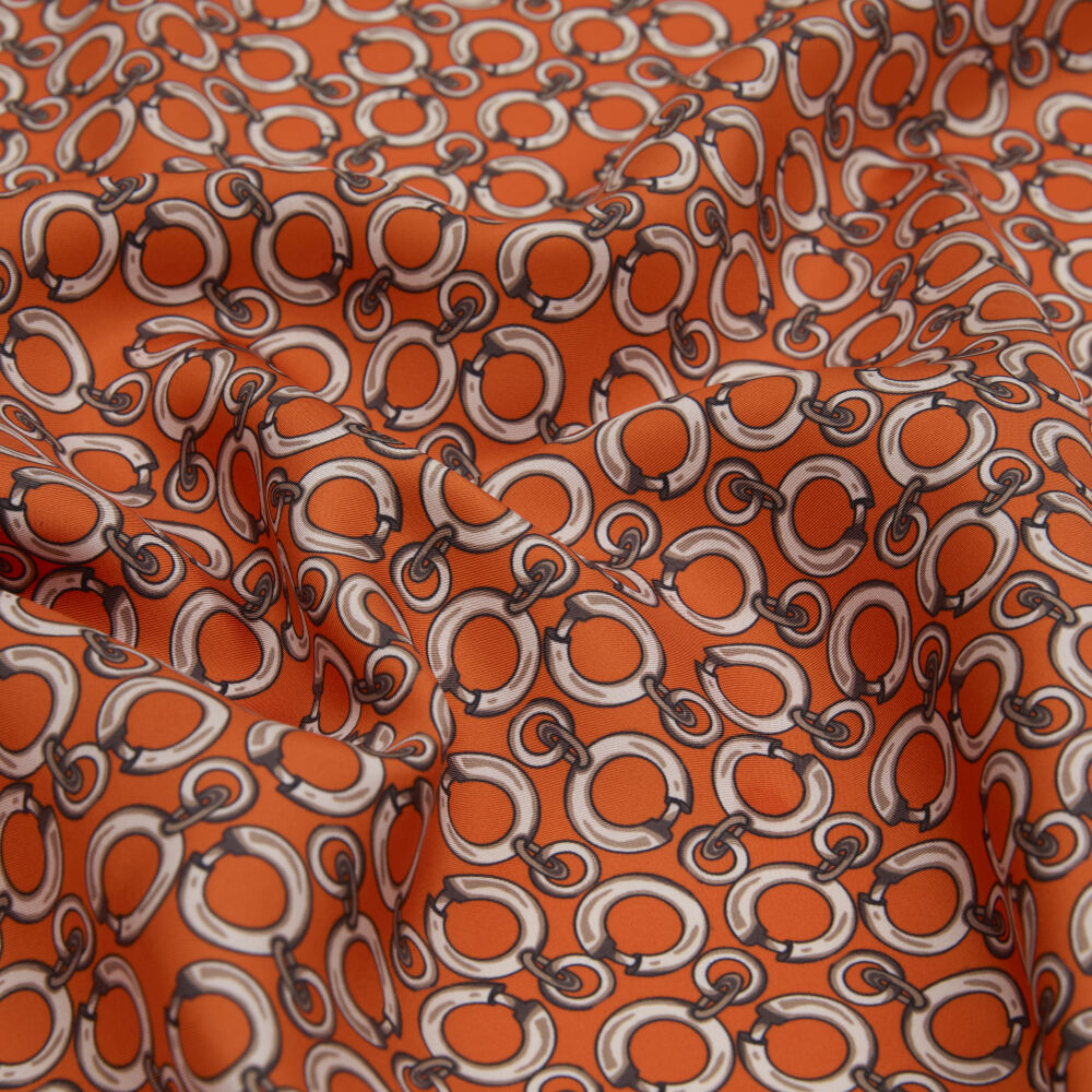 Orange Ring Chain Pattern Twill Silk Square Scarf - Vismara