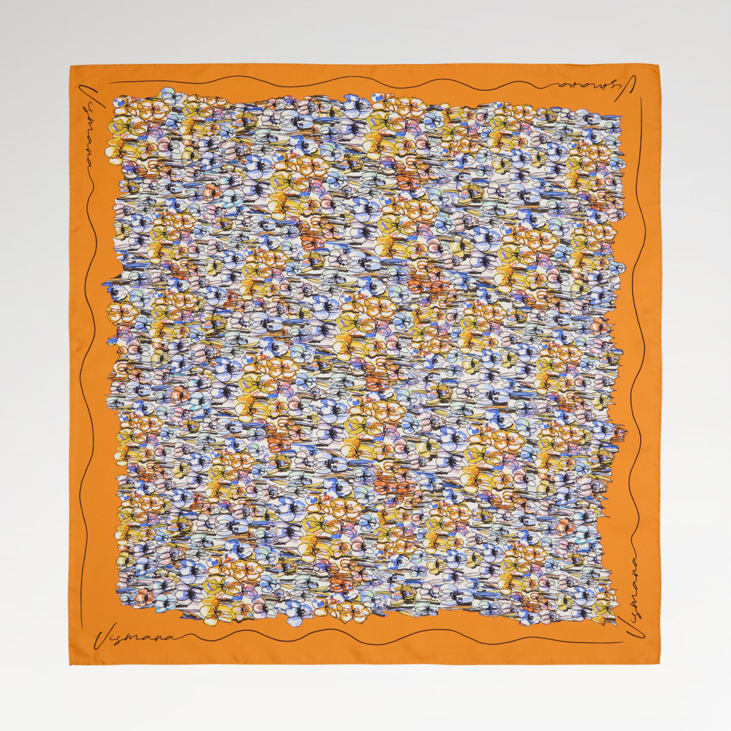 Orange Spring Flowers Patterned Twill Silk Square Scarf - 1