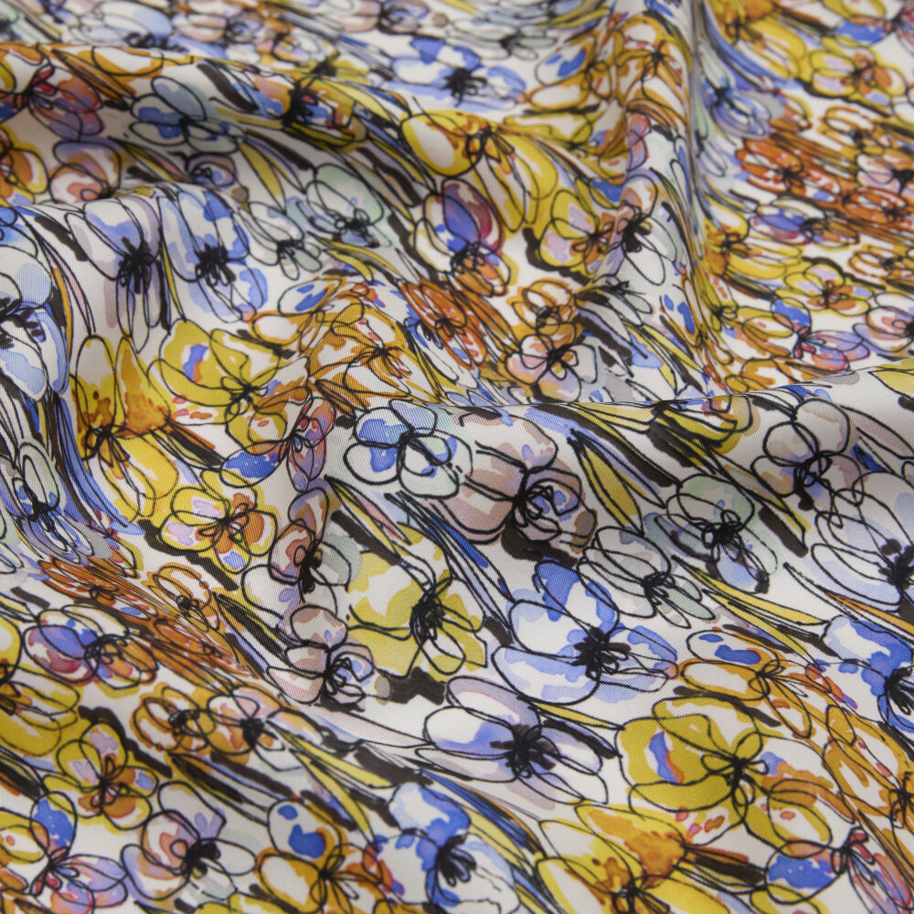 Orange Spring Flowers Patterned Twill Silk Square Scarf - Vismara