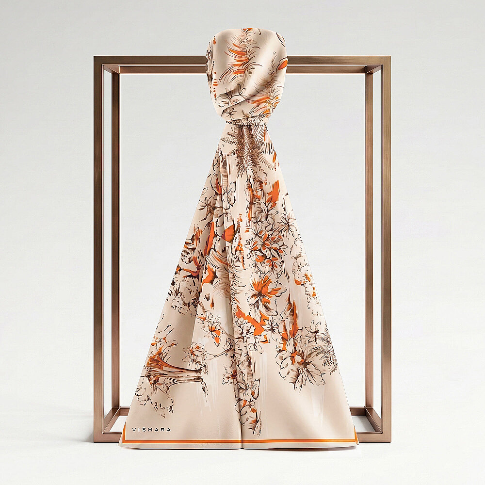 Orange Toile Garden Pattern Silk Scarf - 1