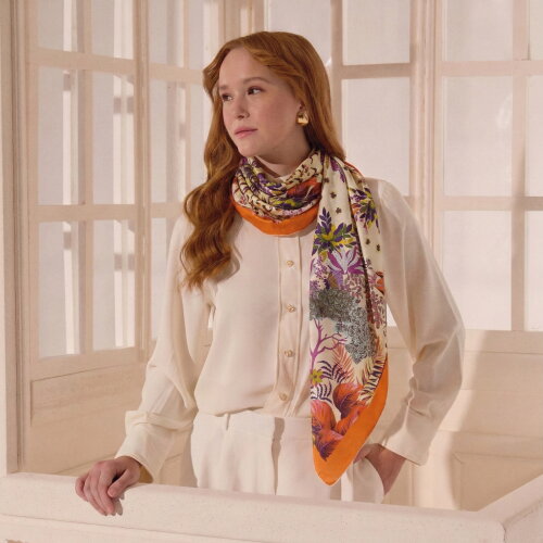 Orange Tropical Butterfly Pattern Twill Silk Square Scarf - Vismara