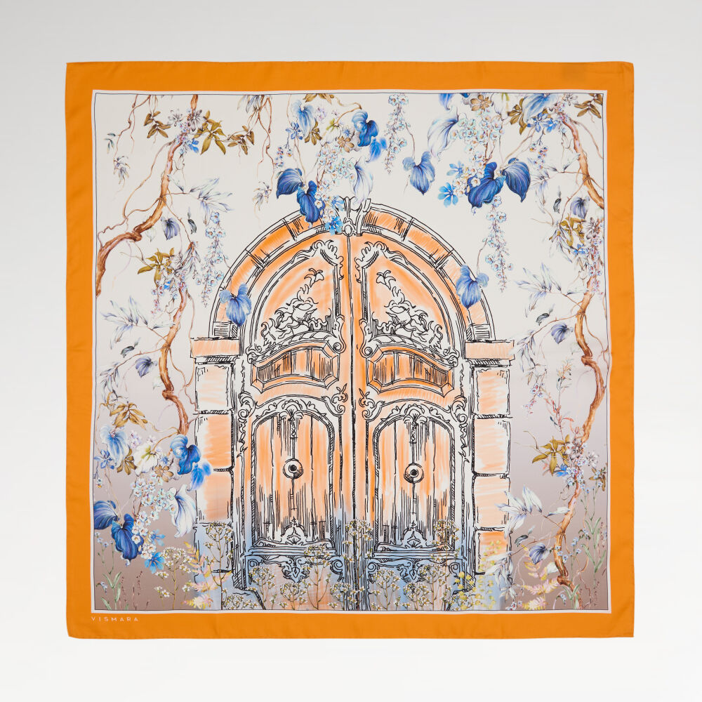 Orange Vintage Floral Door Pattern Twill Silk Square Scarf