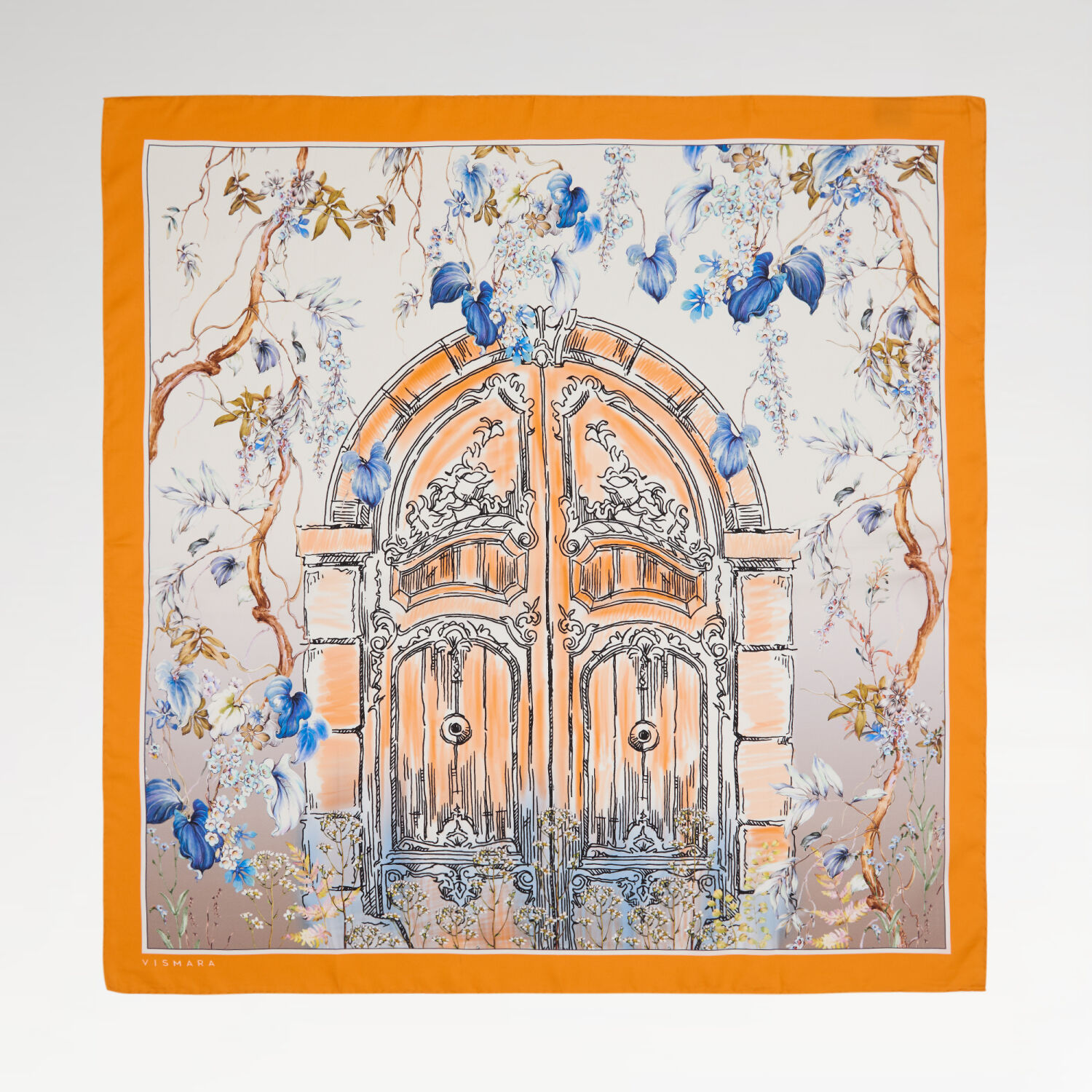 Orange Vintage Floral Door Pattern Twill Silk Square Scarf - 1