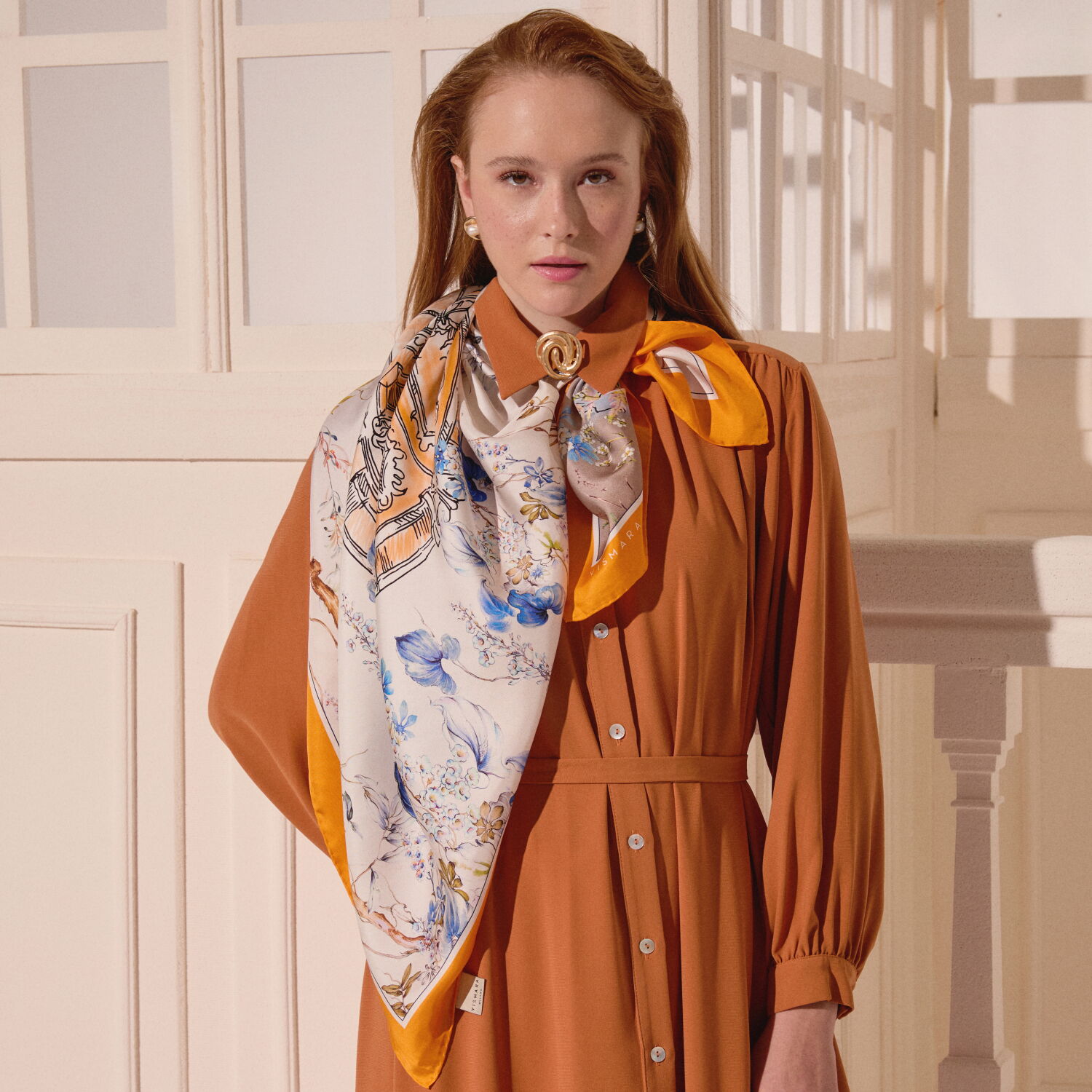 Orange Vintage Floral Door Pattern Twill Silk Square Scarf - 3