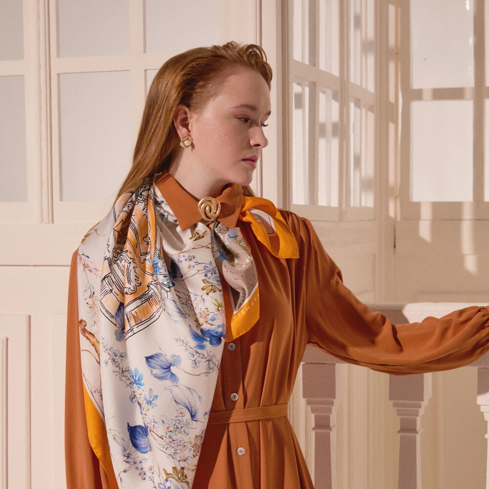 Orange Vintage Floral Door Pattern Twill Silk Square Scarf - Vismara