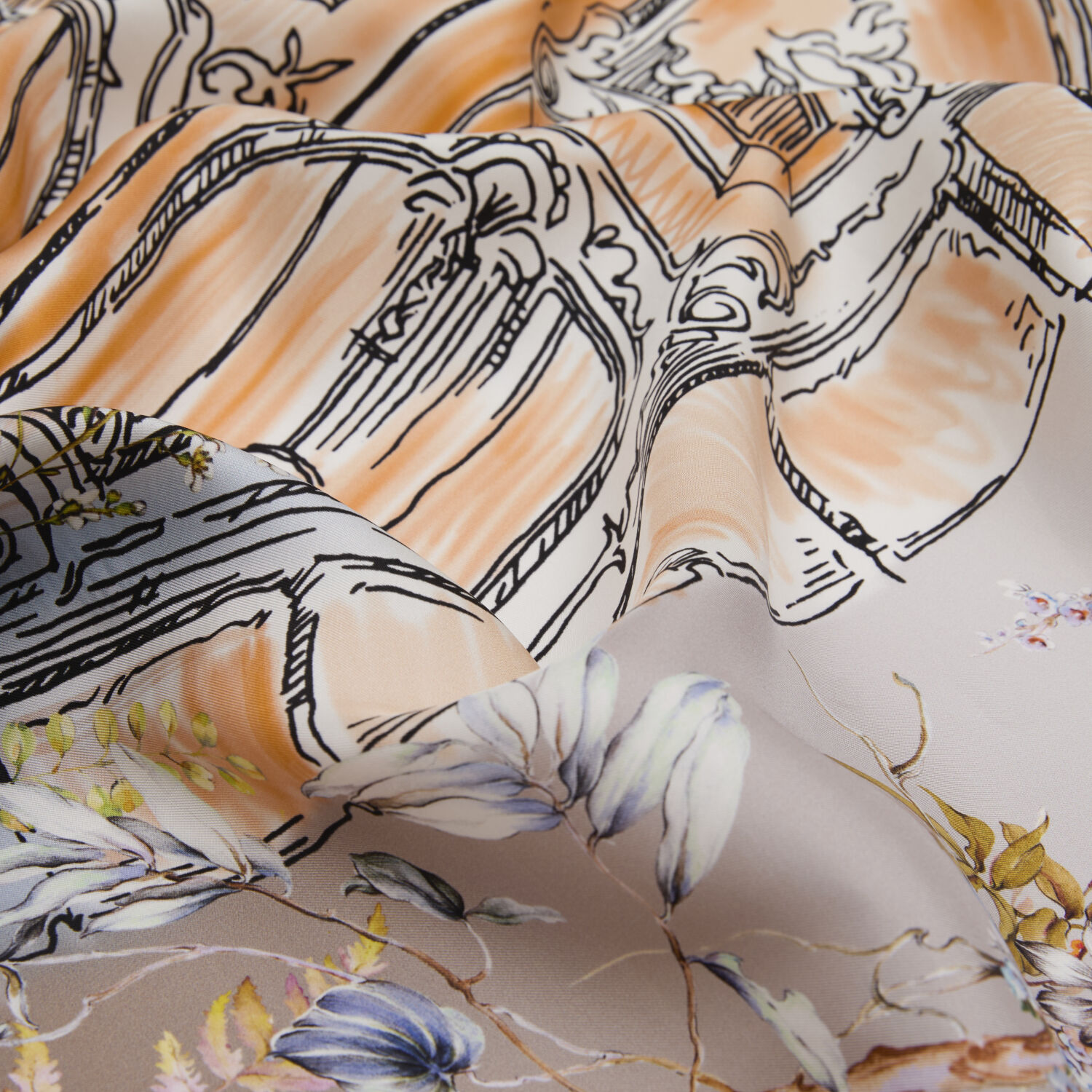 Orange Vintage Floral Door Pattern Twill Silk Square Scarf - 2