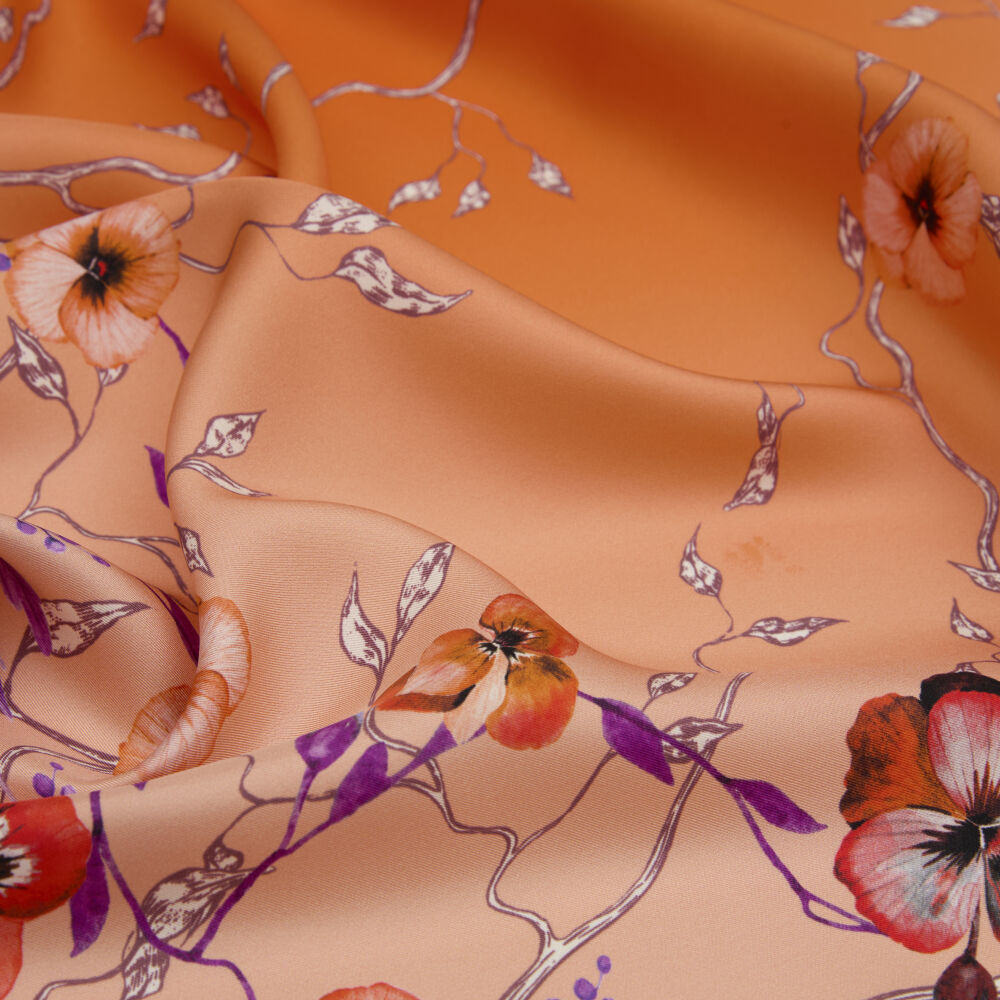 Orange Violet Flower Patterned Twill Silk Square Scarf - Vismara