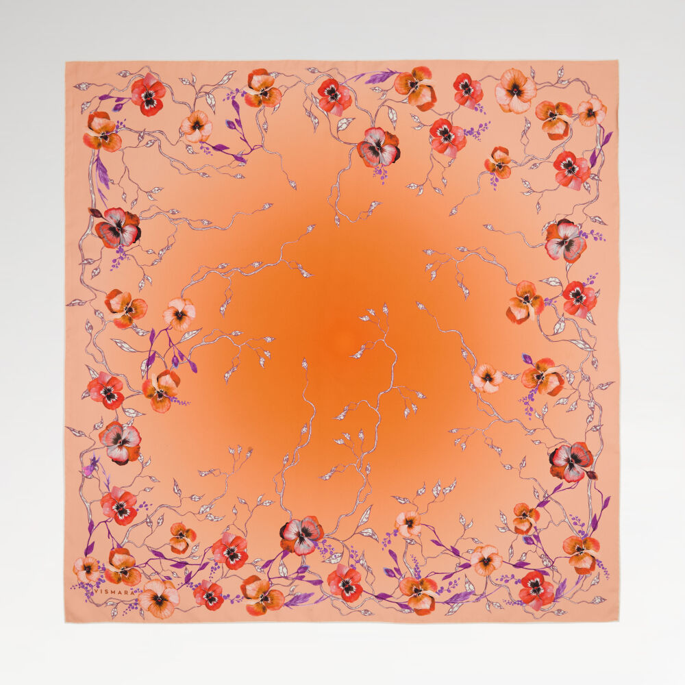 Orange Violet Flower Patterned Twill Silk Square Scarf