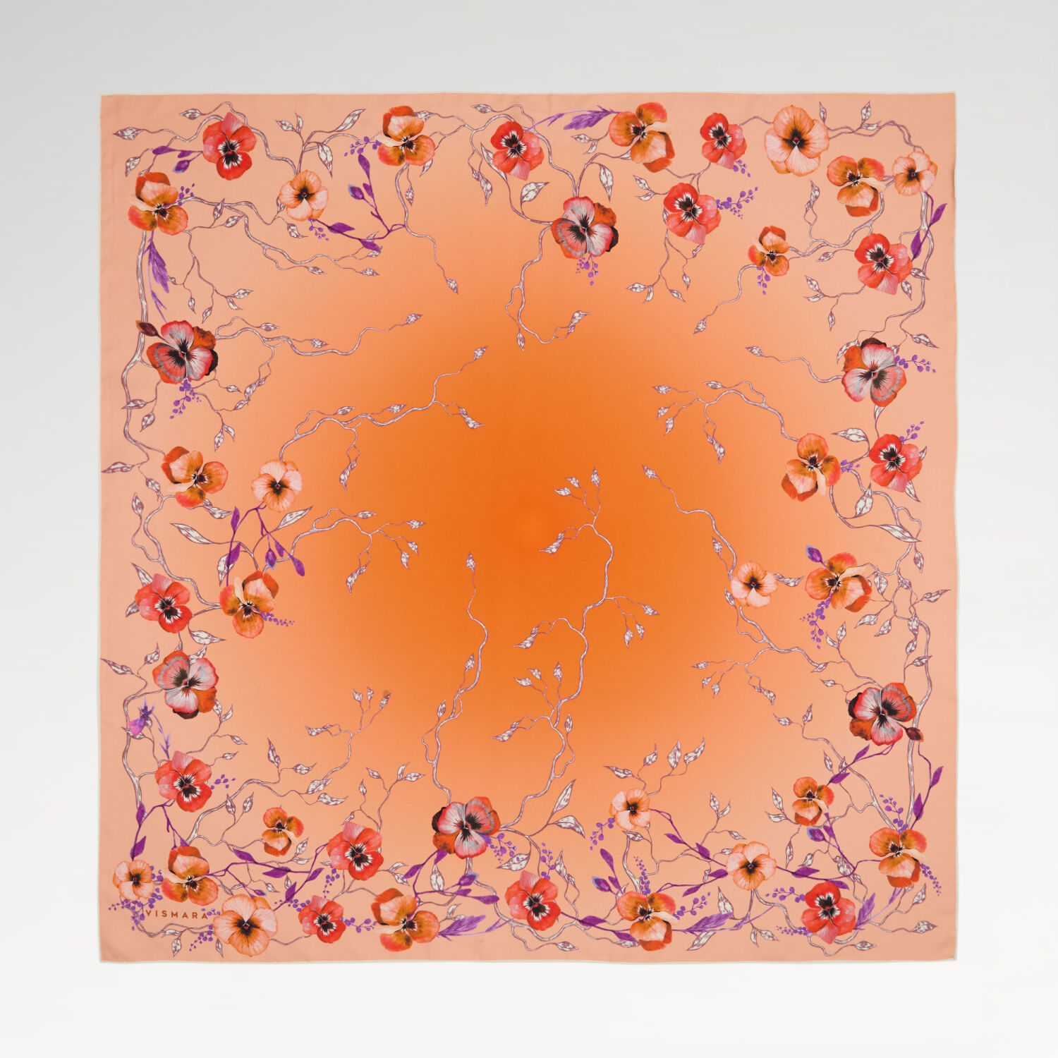 Orange Violet Flower Patterned Twill Silk Square Scarf - 1