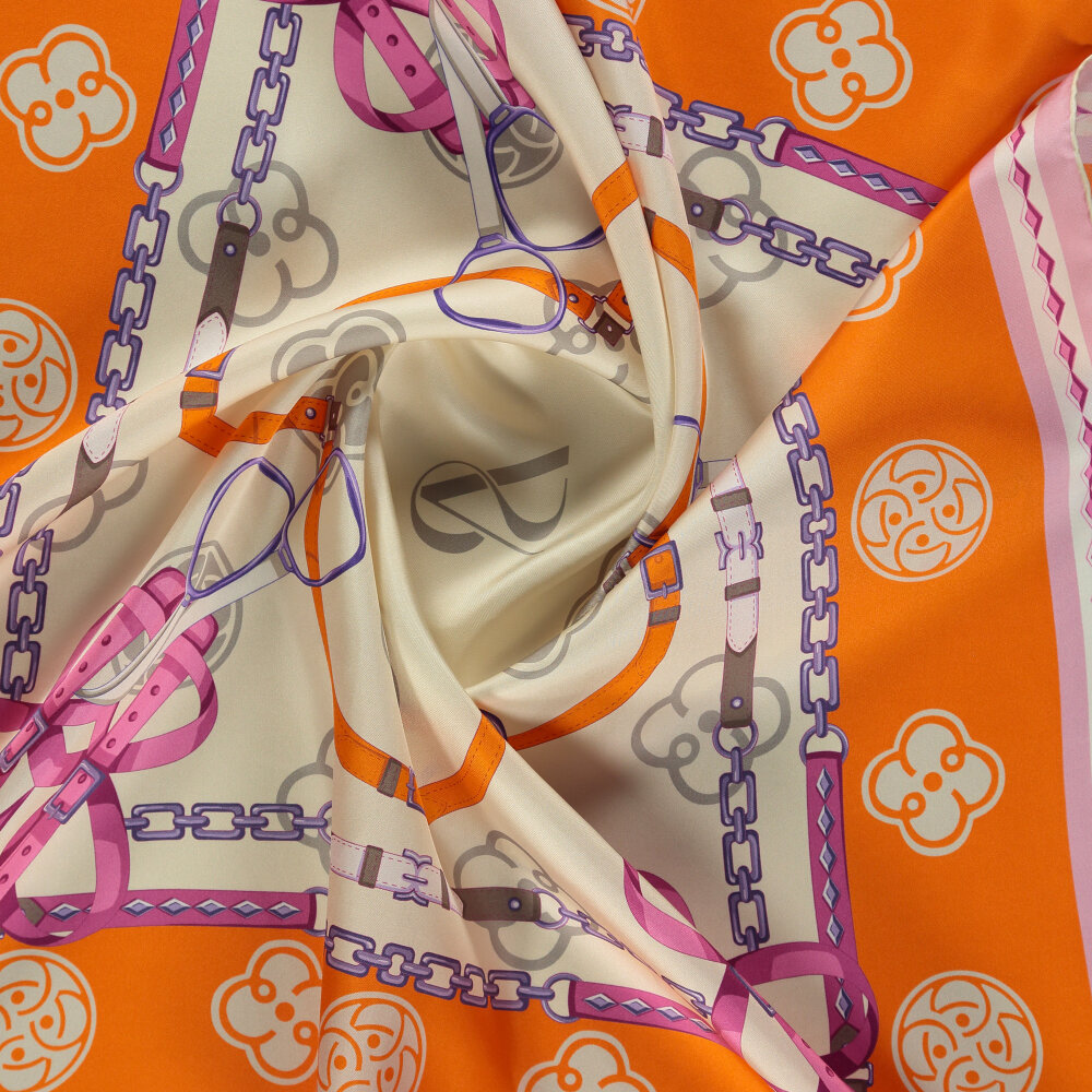 Orange Vismara Monogram Chain Pattern Silk Square Scarf - 2