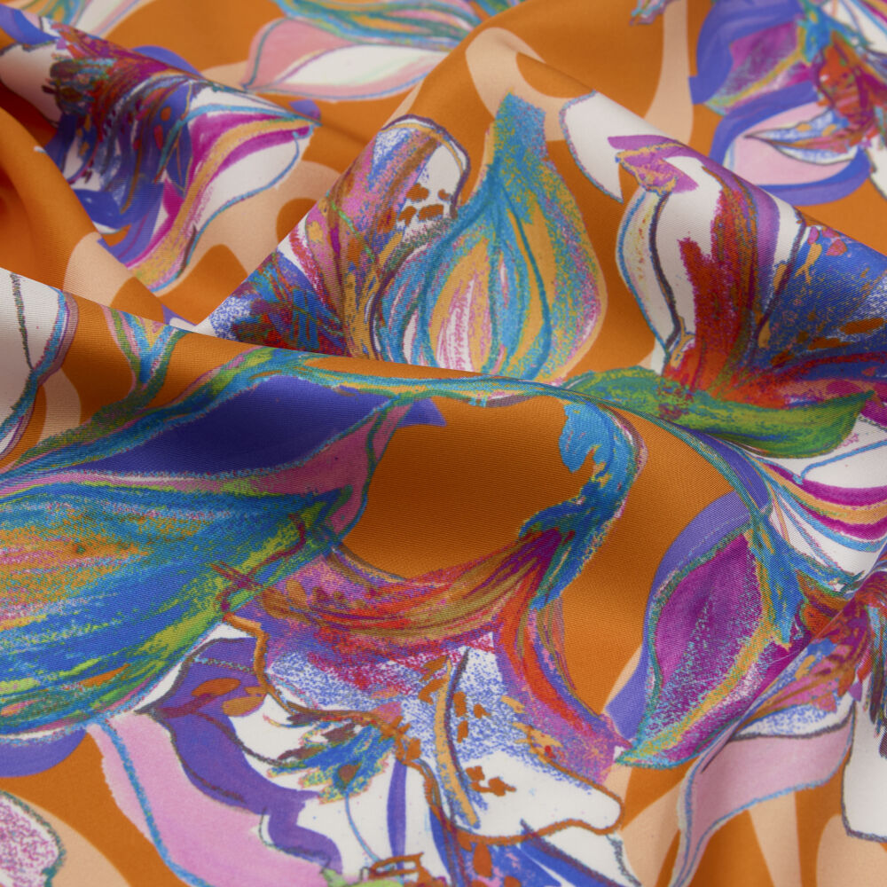 Orange Vismara Monogram Lily Flower Pattern Twill Silk Square Scarf - Vismara