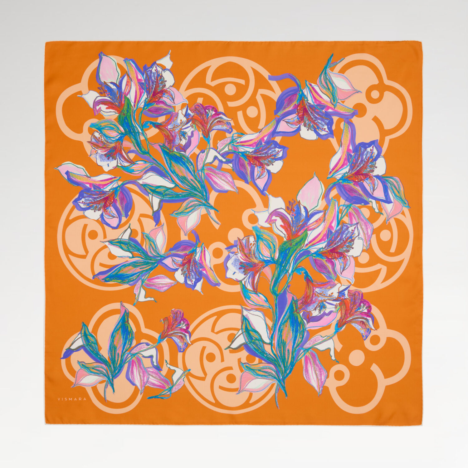 Orange Vismara Monogram Lily Flower Pattern Twill Silk Square Scarf - 1