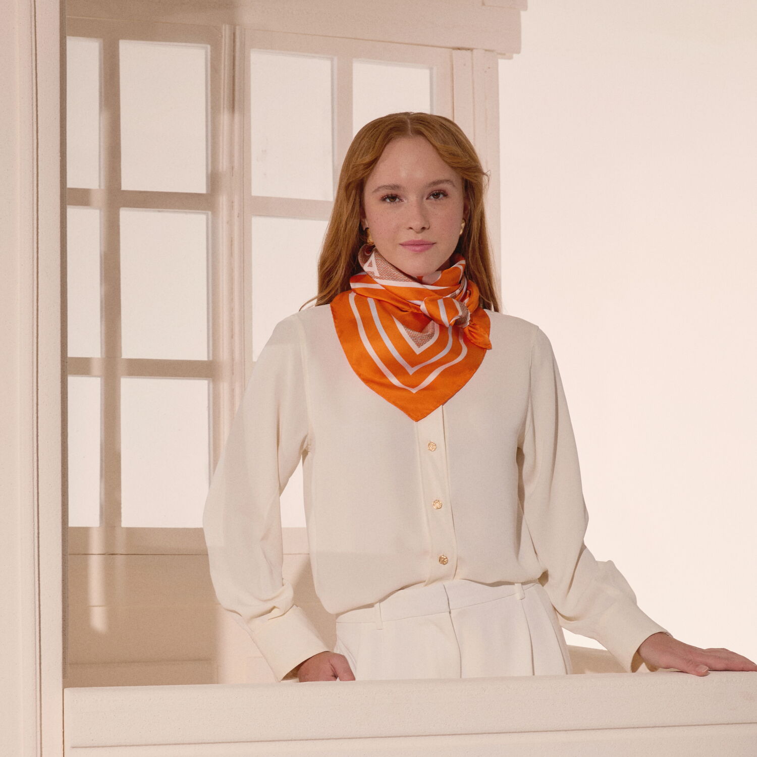 Orange Vismara Swan Pattern Twill Silk Square Scarf - 5