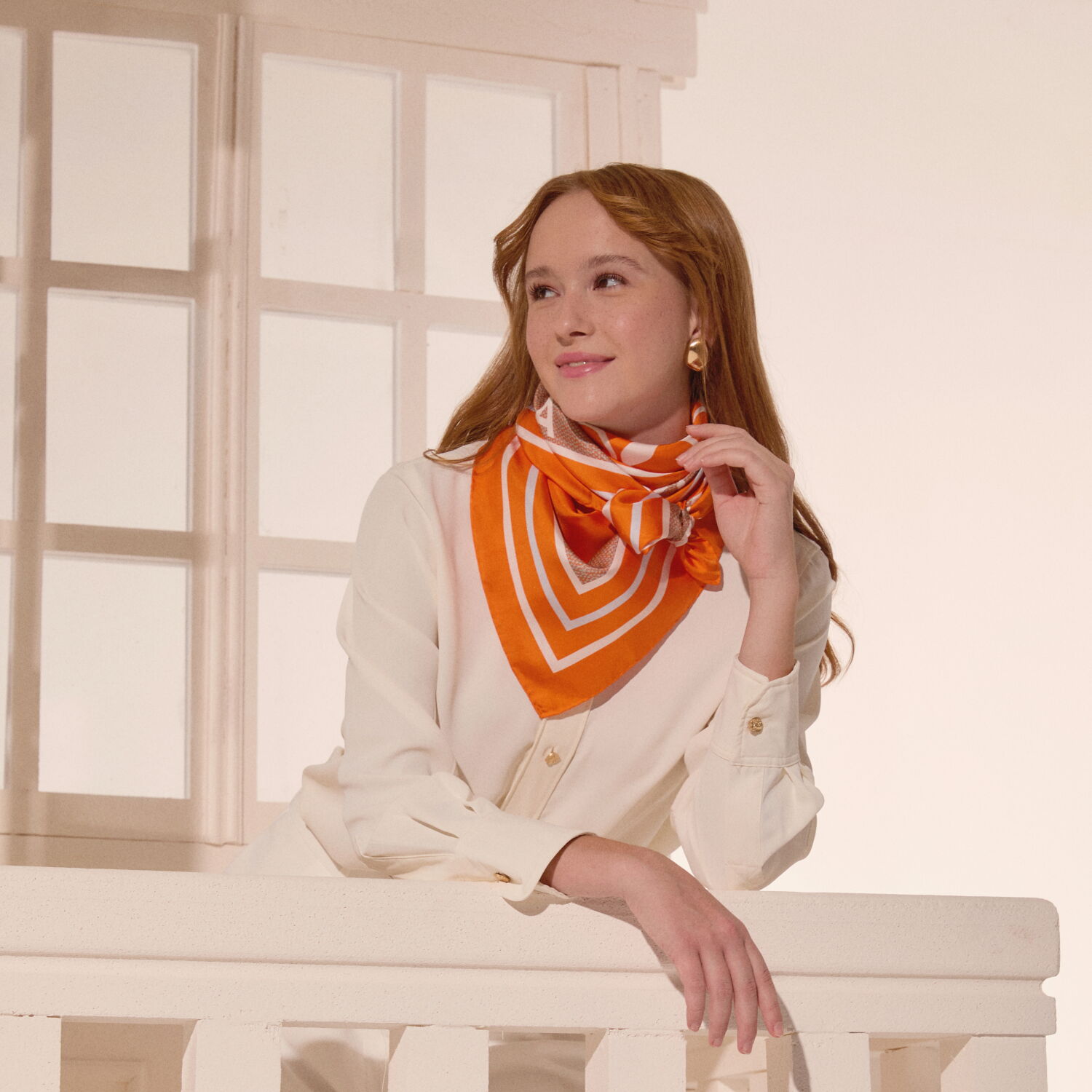 Orange Vismara Swan Pattern Twill Silk Square Scarf - 4