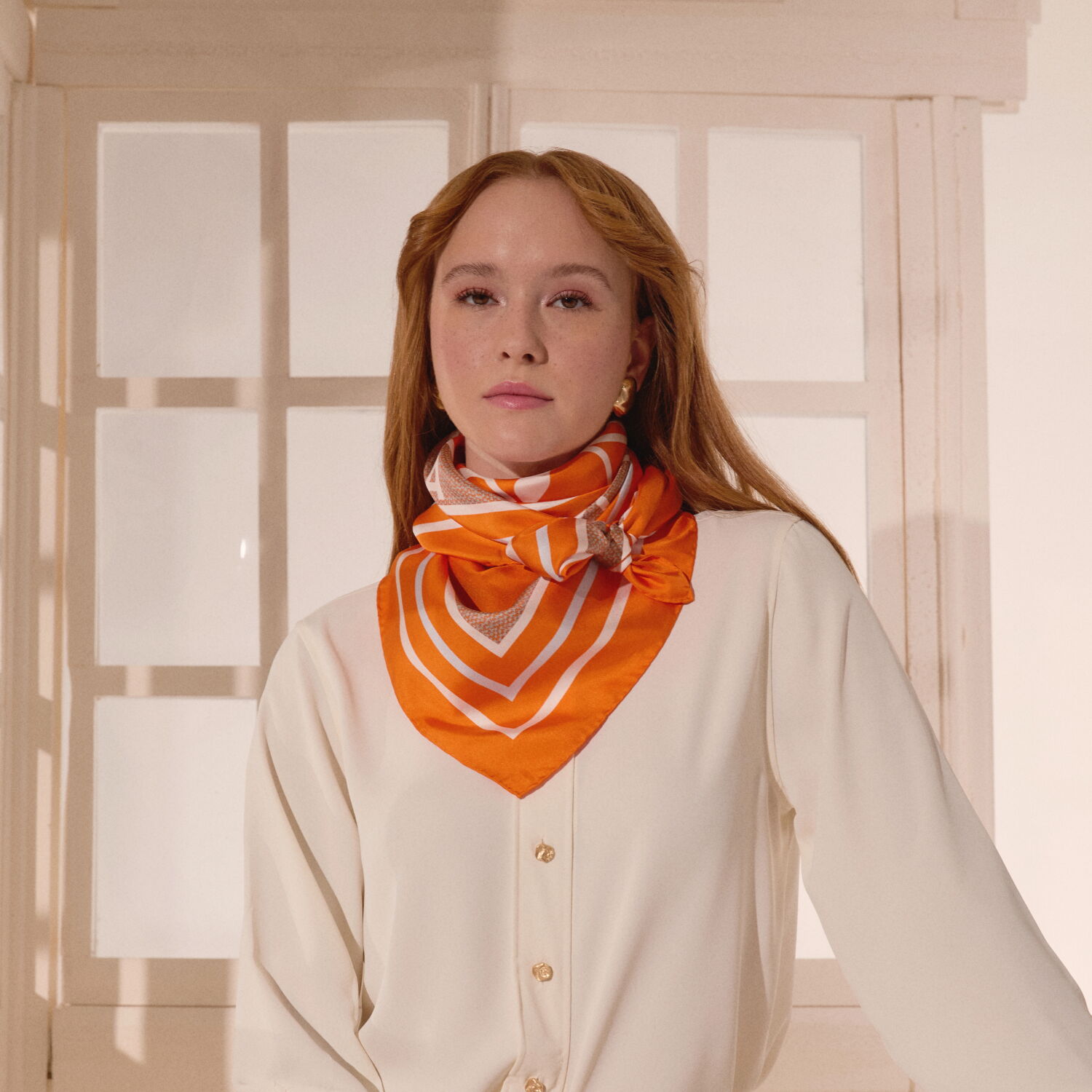 Orange Vismara Swan Pattern Twill Silk Square Scarf - 3