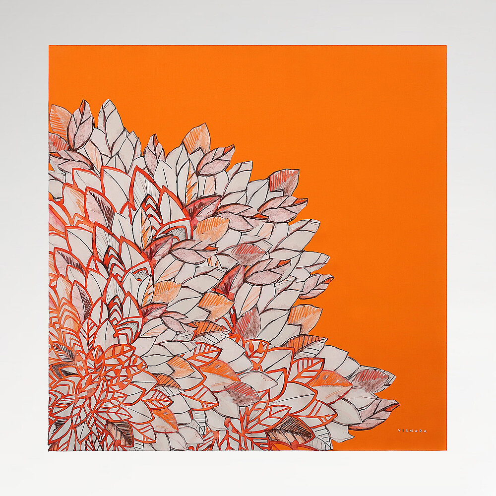 Oranj Floral Yaprak Desenli Twill İpek Eşarp - 1