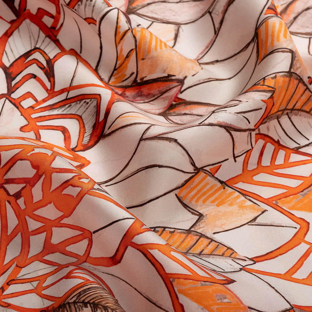 Oranj Floral Yaprak Desenli Twill İpek Eşarp - 2