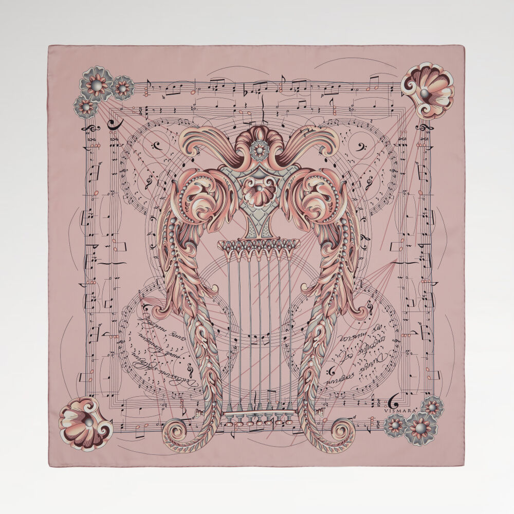 Pembe Antik Lir Desen Twill İpek Eşarp