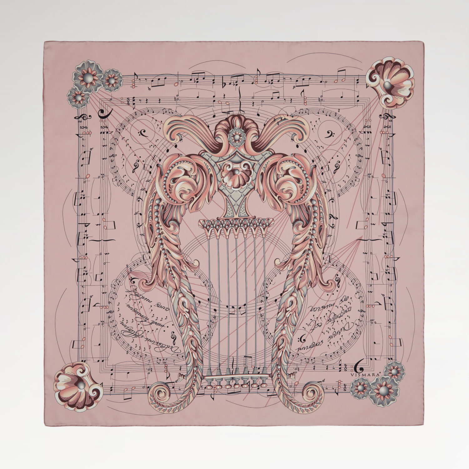 Pembe Antik Lir Desen Twill İpek Eşarp - 1