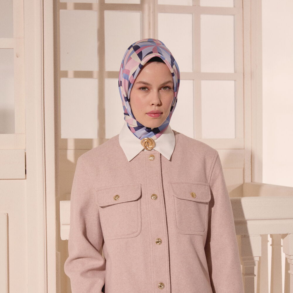 Pembe Antik Mozaik Desenli Twill İpek Eşarp - Vismara