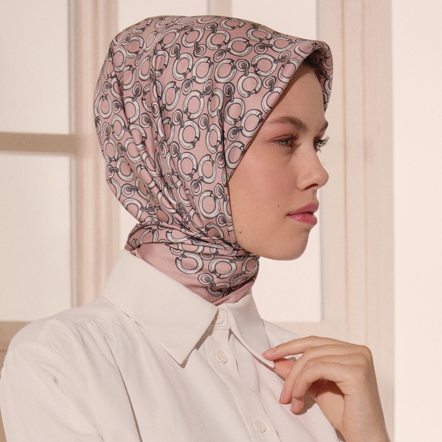 Pembe Halkalı Zincir Desen Twill İpek Eşarp - 3