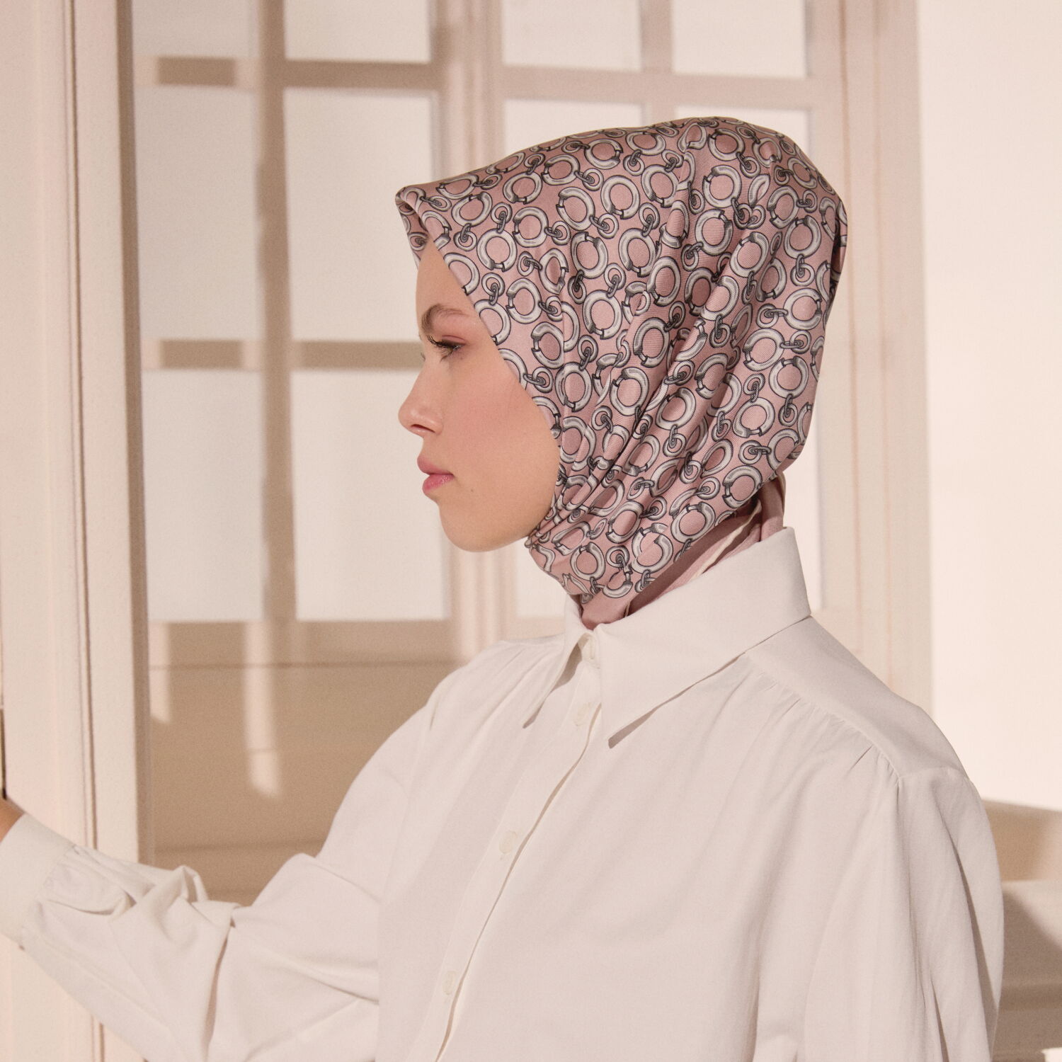Pembe Halkalı Zincir Desen Twill İpek Eşarp - 6