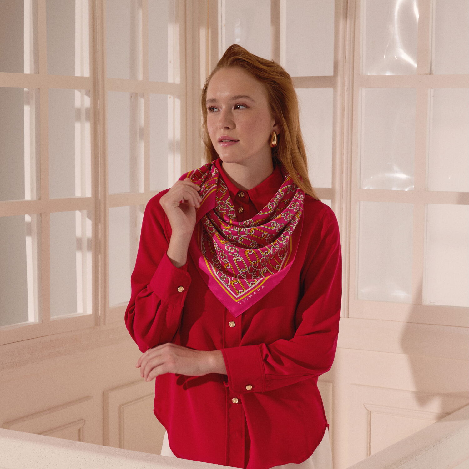 Pembe Modern Zincir Desen Twill İpek Eşarp - 4
