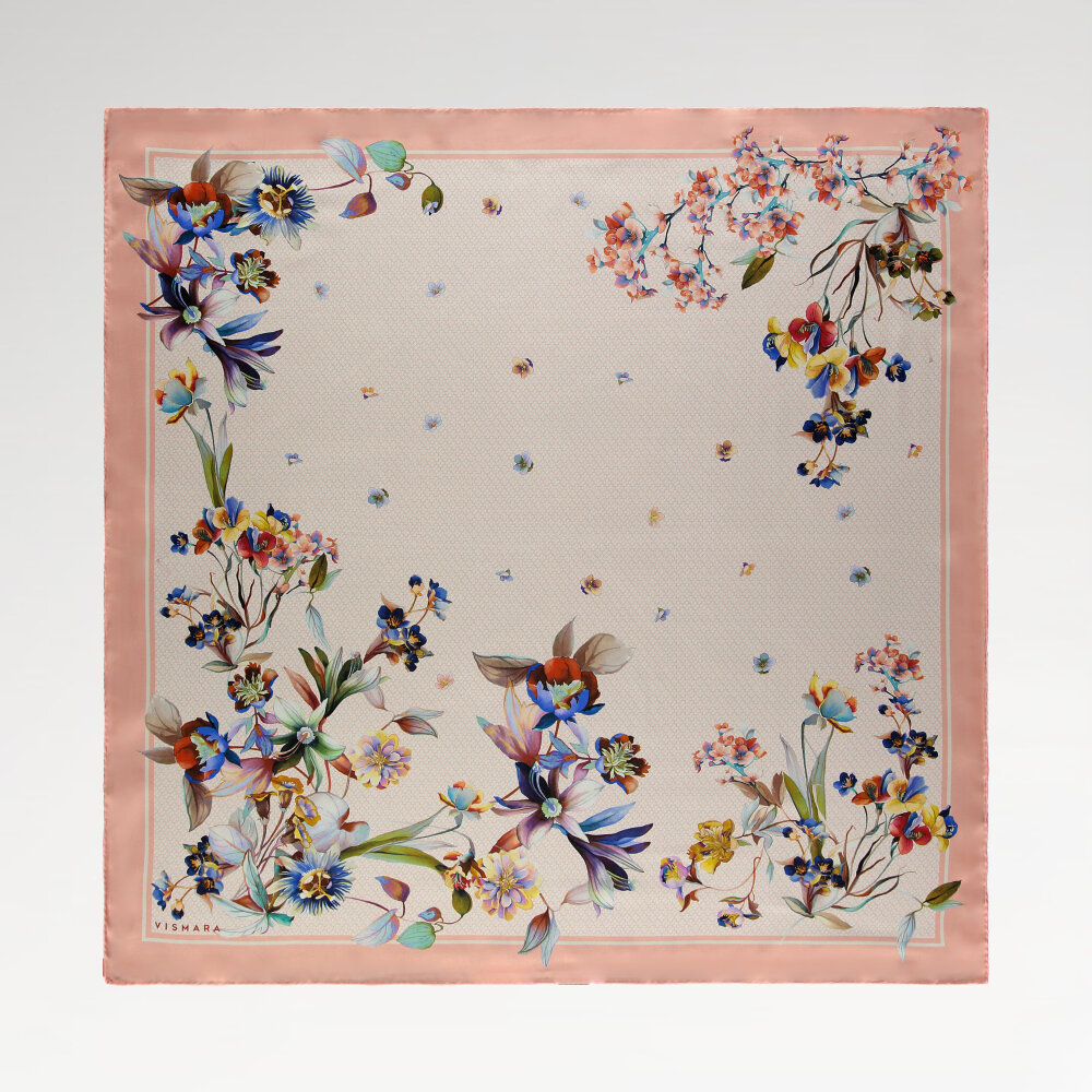 Pembe Monogram Çiçek Bahçesi Desenli İpek Eşarp - 1