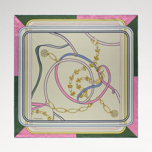 Pembe Monogram ve Zincir Desenli İpek Eşarp