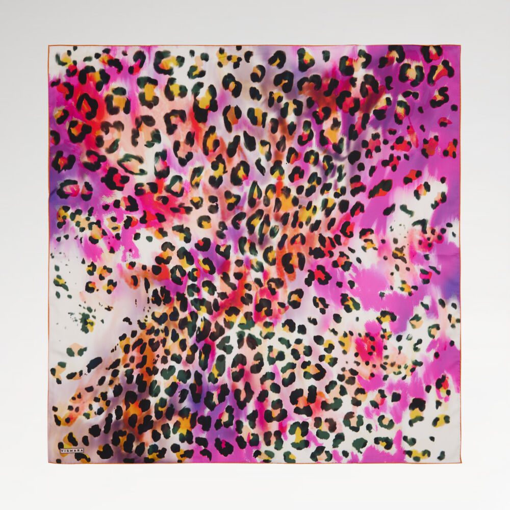 Pembe Sanatsal Leopar Desenli Twill İpek Eşarp