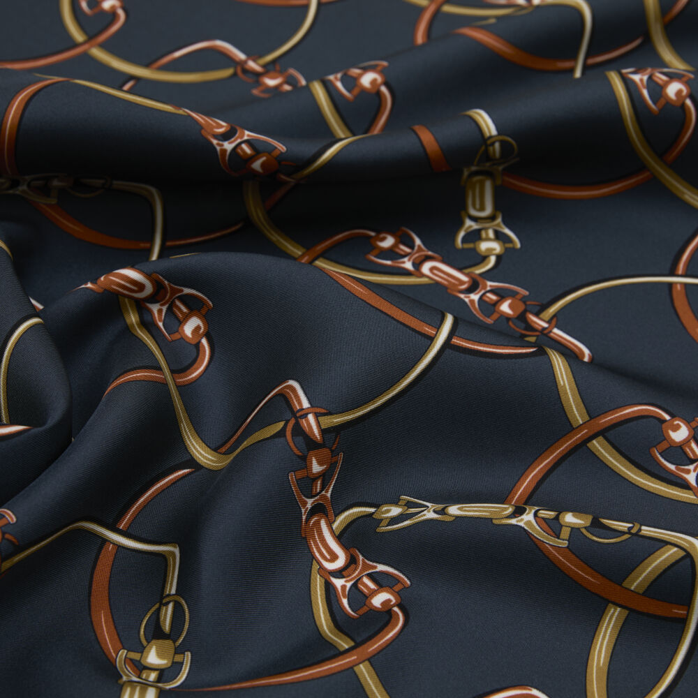 Petrol Blue Chain Pattern Twill Silk Square Scarf - Vismara