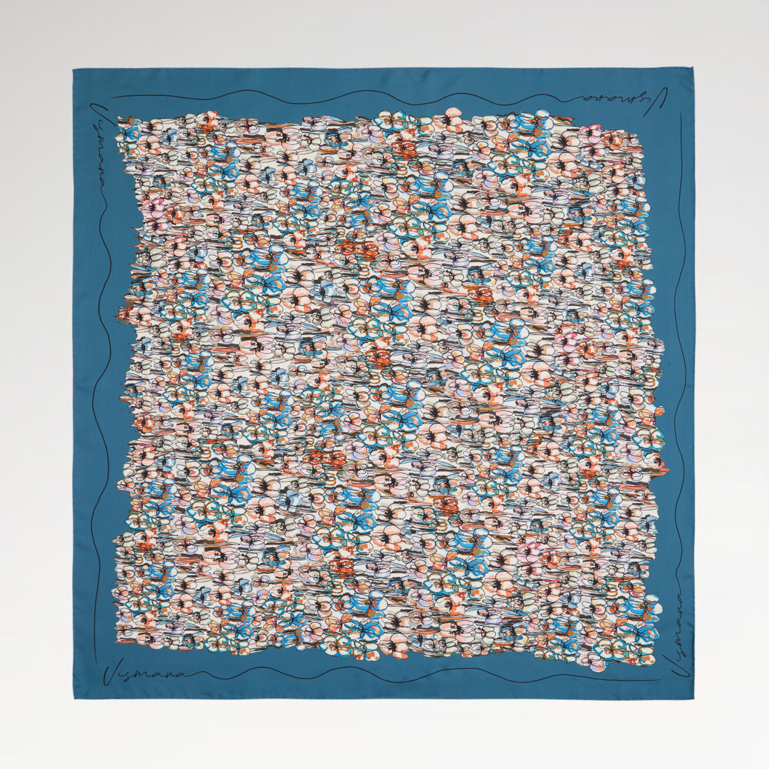 Petrol Blue Spring Flower Patterned Twill Silk Square Scarf - 1