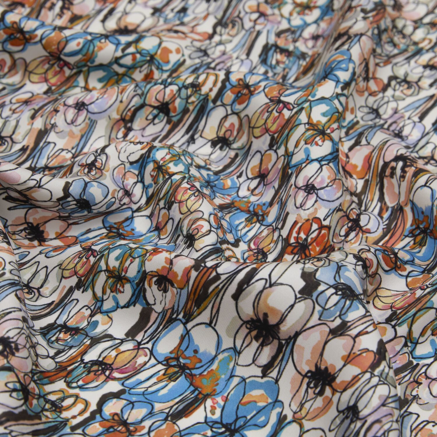 Petrol Blue Spring Flower Patterned Twill Silk Square Scarf - 2