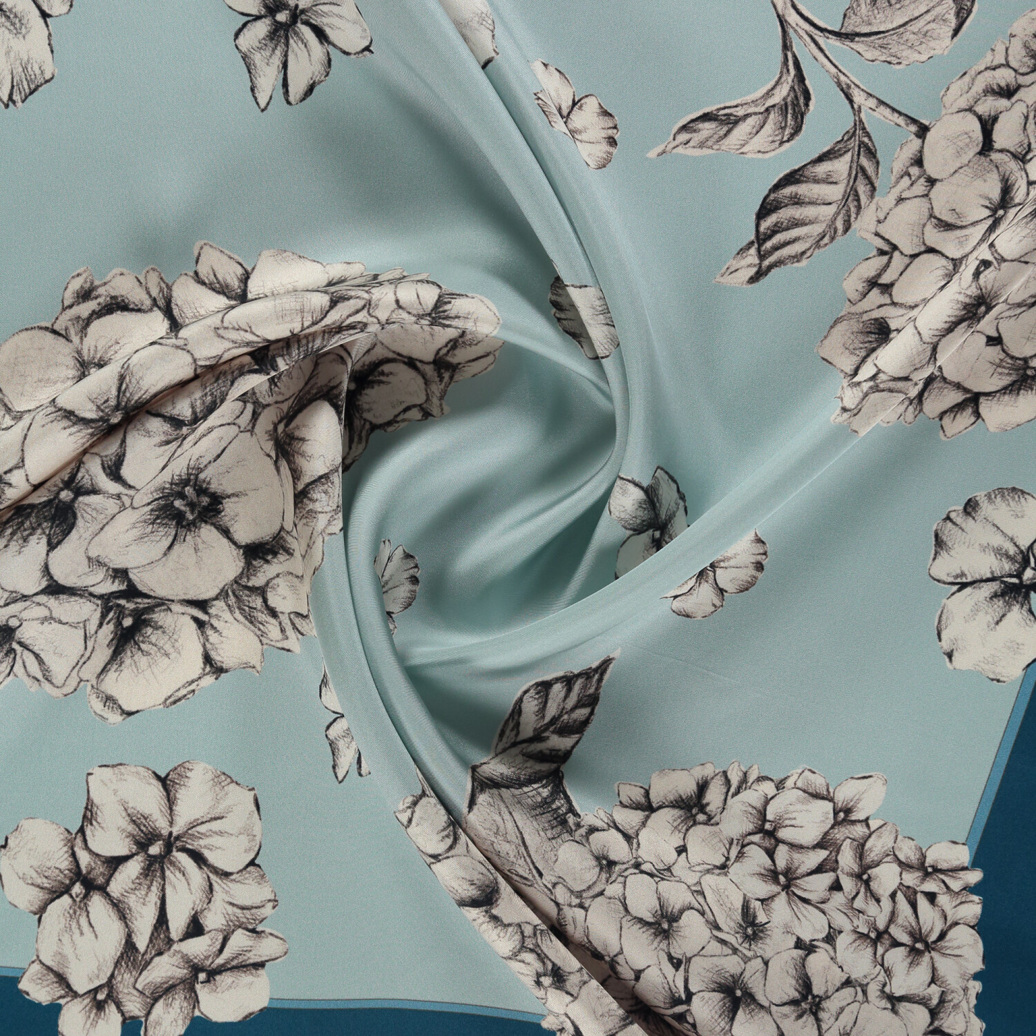 Petrol Ortanca Çiçeği Desenli Twill İpek Eşarp - 2