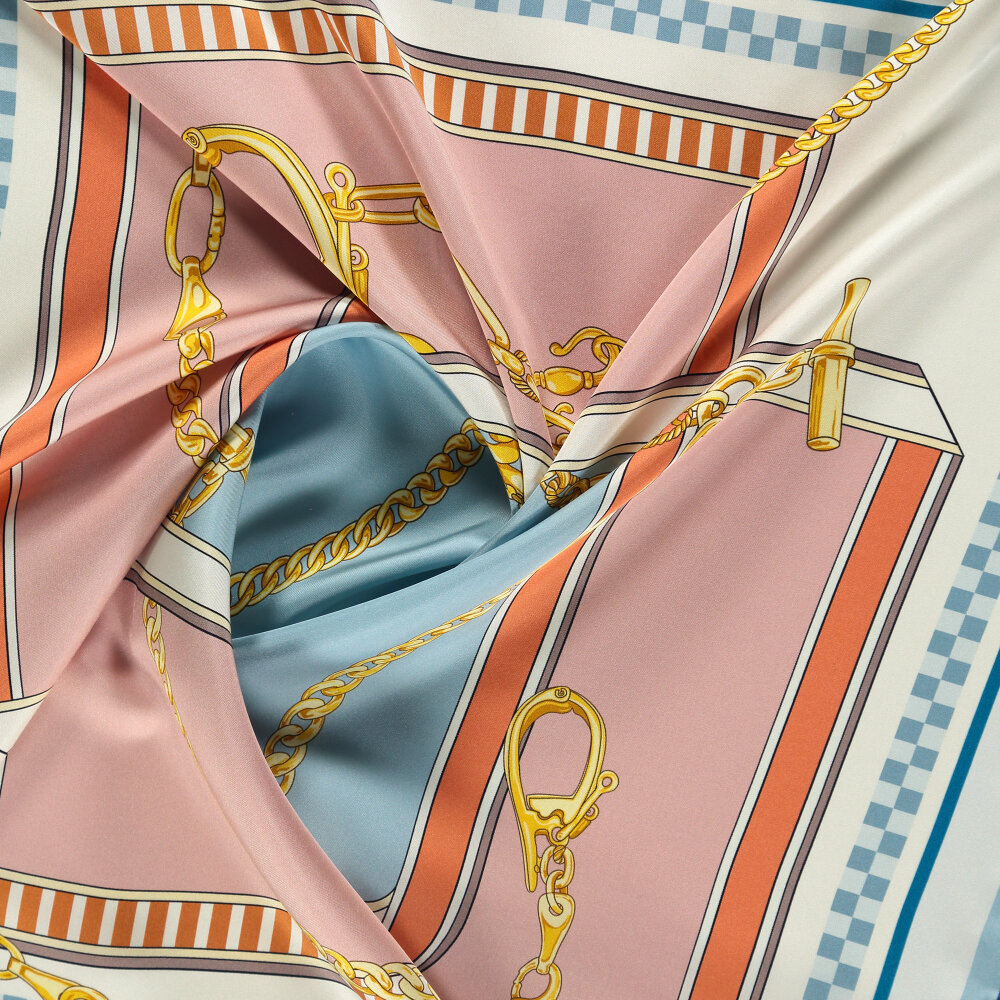 Pink and Blue Chain Dance Patterned Silk Square Scarf - 2