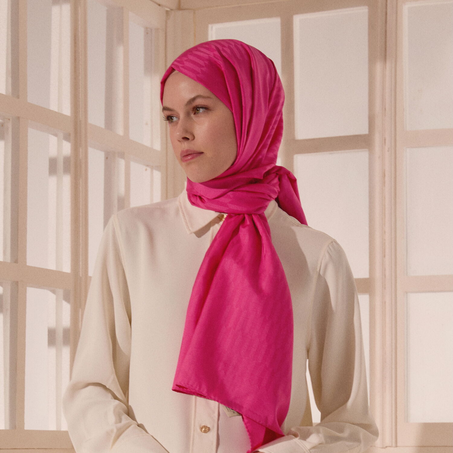 Pink Drop Pattern Jacquard Wool Silk Scarf - 3