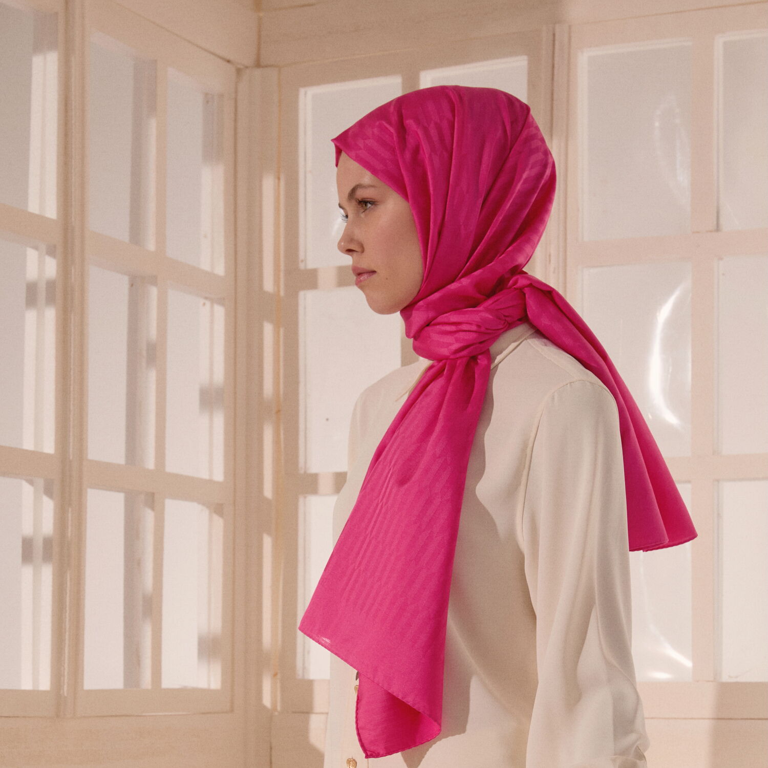 Pink Drop Pattern Jacquard Wool Silk Scarf - 4