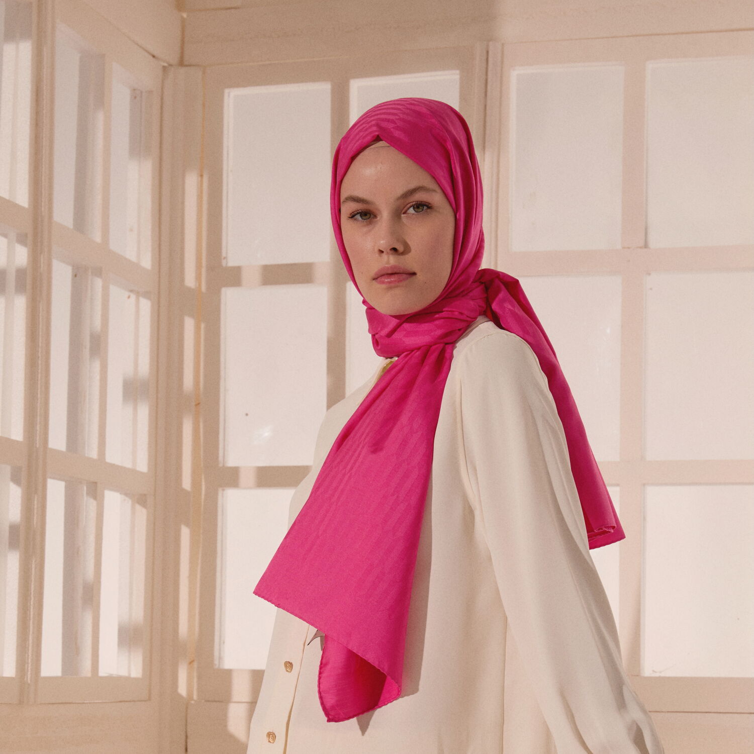 Pink Drop Pattern Jacquard Wool Silk Scarf - 5