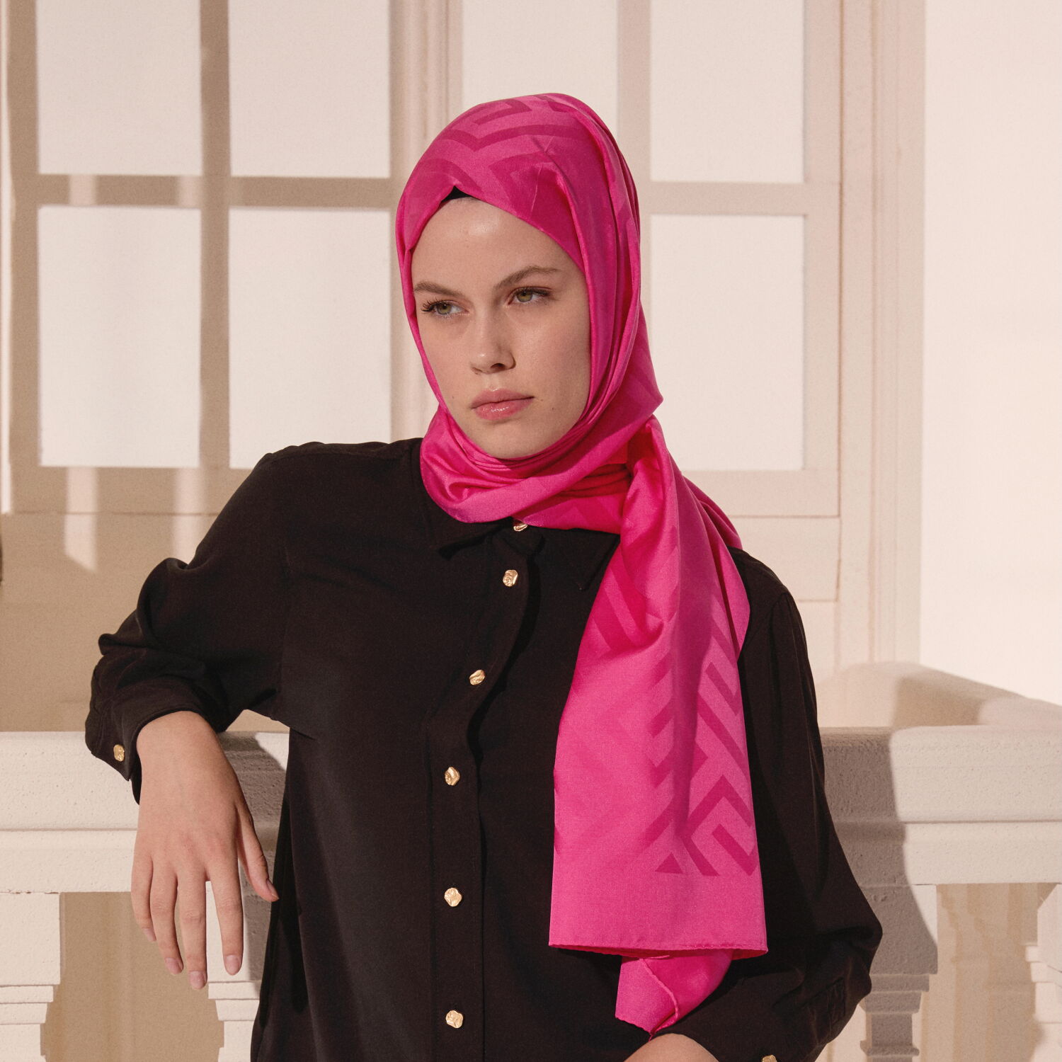 Pink G Pattern Jacquard Wool Silk Scarf - 3