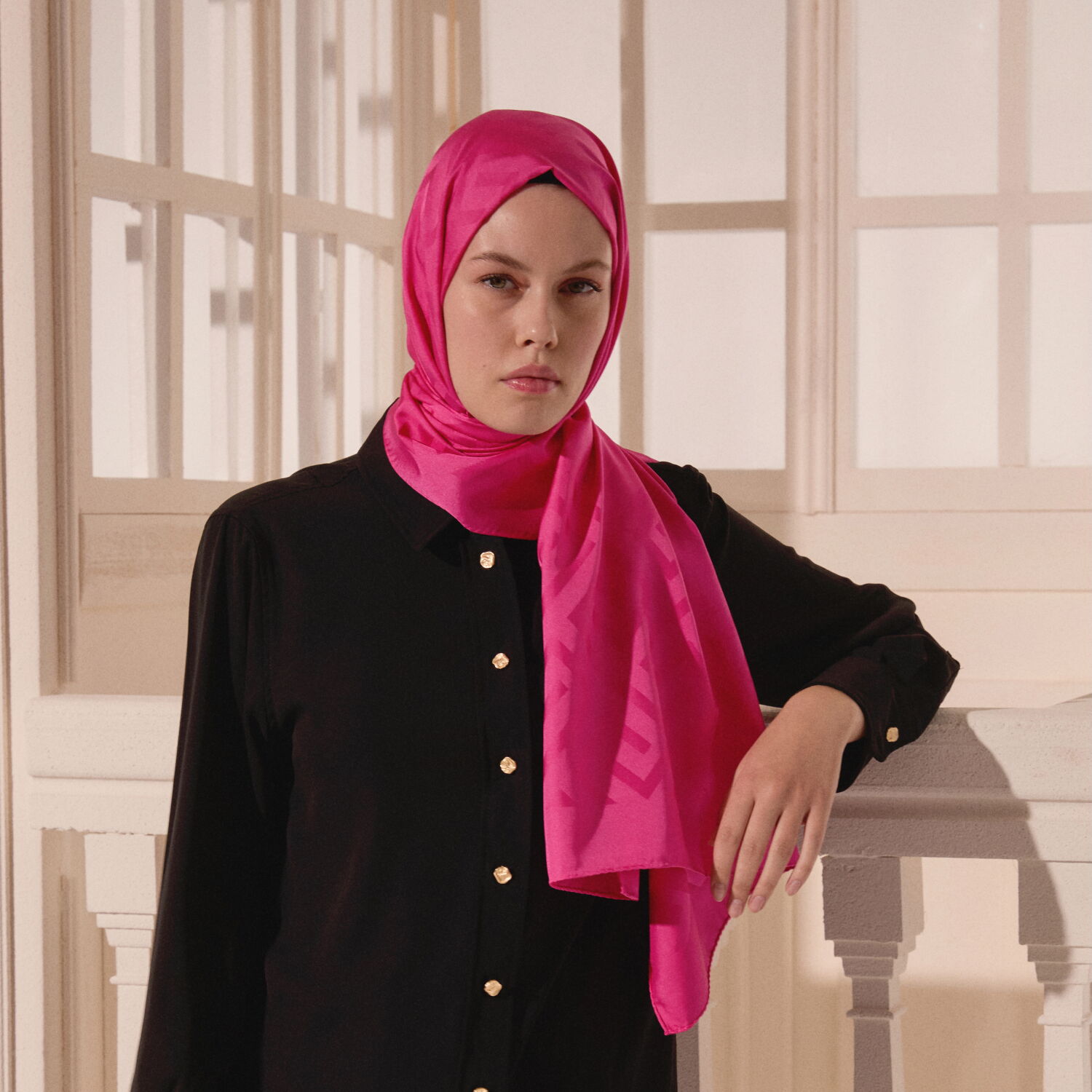 Pink G Pattern Jacquard Wool Silk Scarf - 5