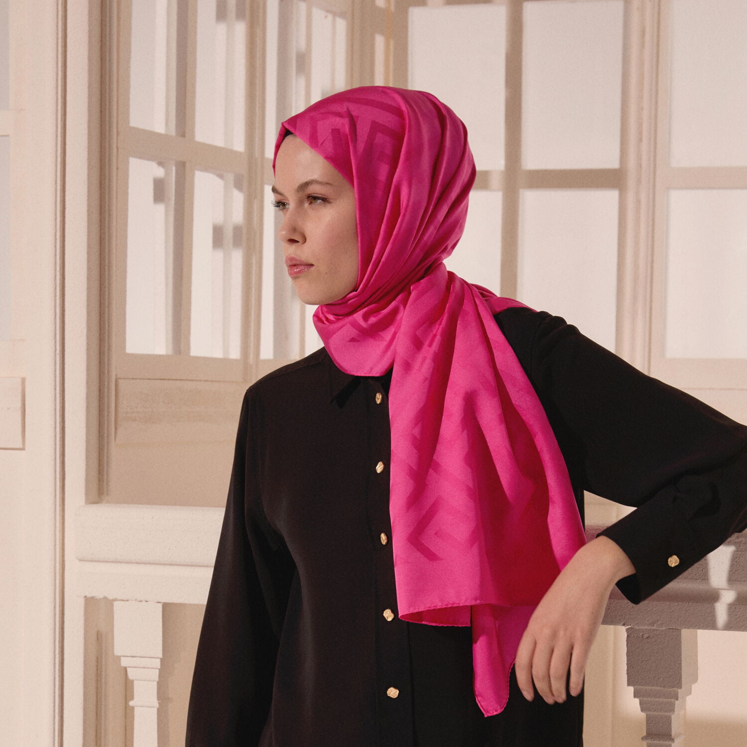 Pink G Pattern Jacquard Wool Silk Scarf - 6