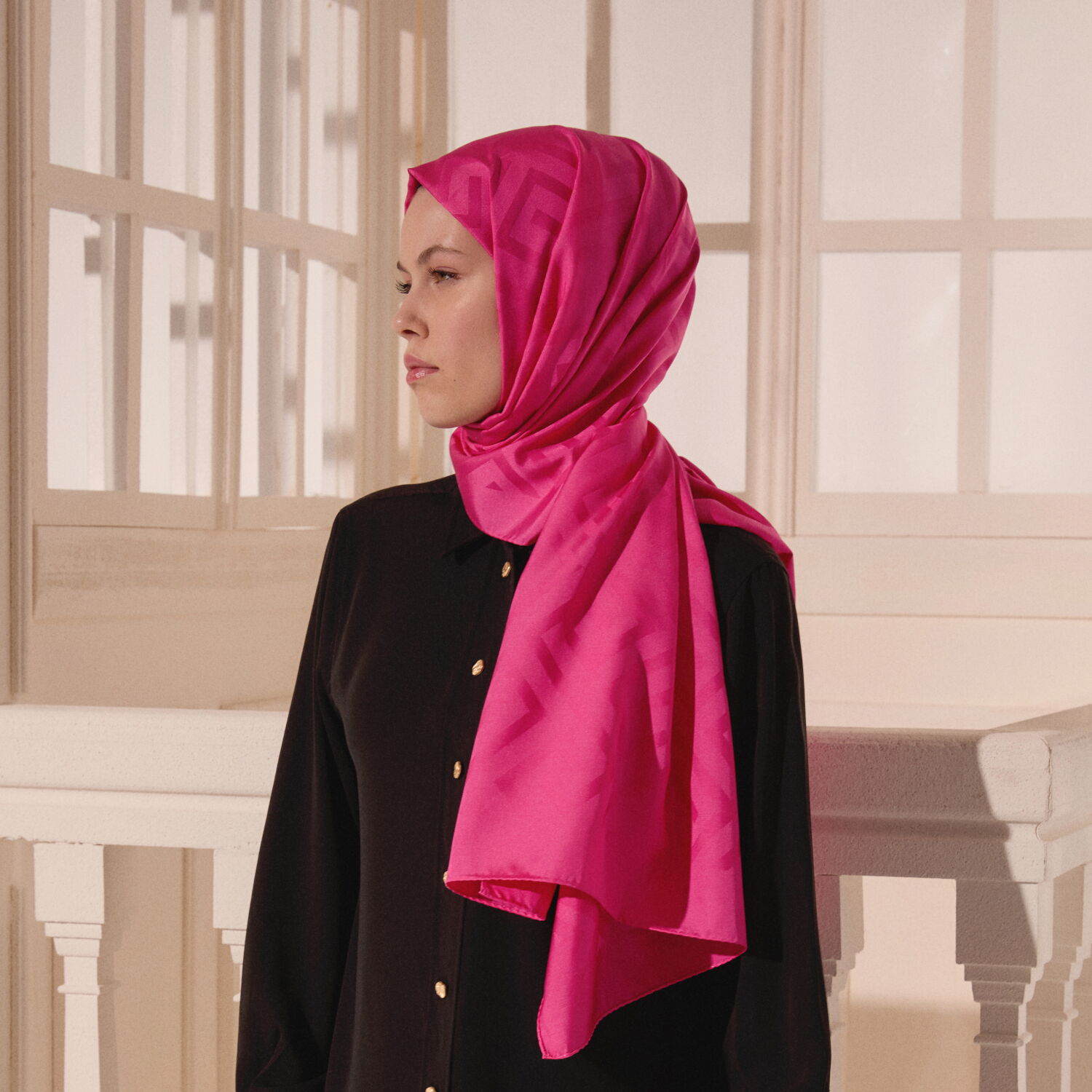 Pink G Pattern Jacquard Wool Silk Scarf - 4